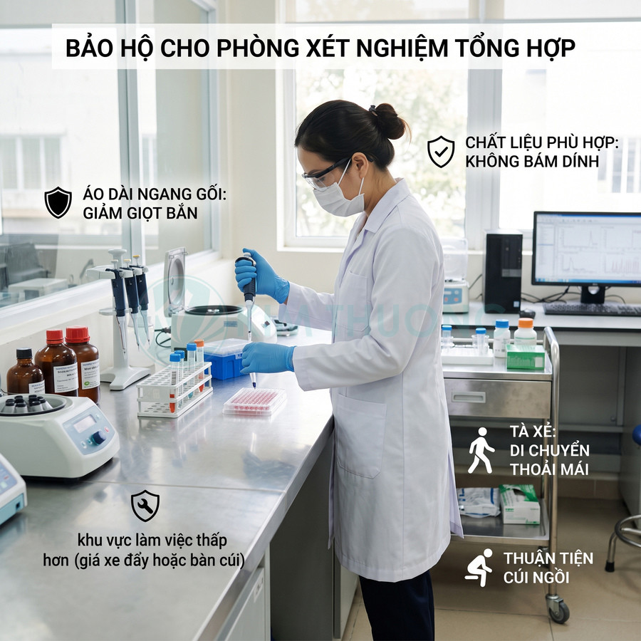 Nhân viên phòng thí nghiệm mặc áo blouse dài tay, đeo khẩu trang găng tay, thao tác xét nghiệm trên bàn inox